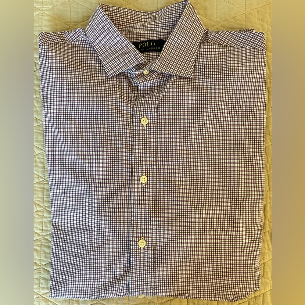 Polo Ralph Lauren Small Check Print Spread Collar Shirt in Purple Size 16 1/2/42